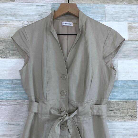 Calvin Klein Linen Tie Waist Safari Midi Shirt Dress Beige Button Down Womens 2 - Picture 3 of 10